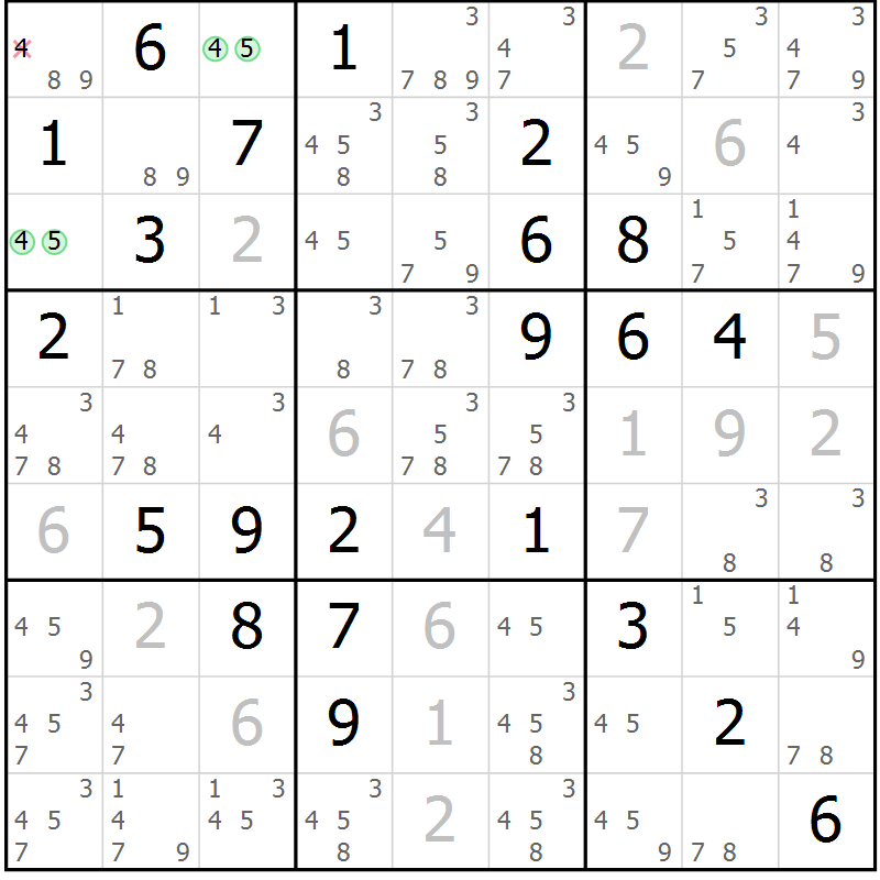 Position des candidats pour la solution de la Gr 81 page 84 du magazine de sudoku Maestro n° 100