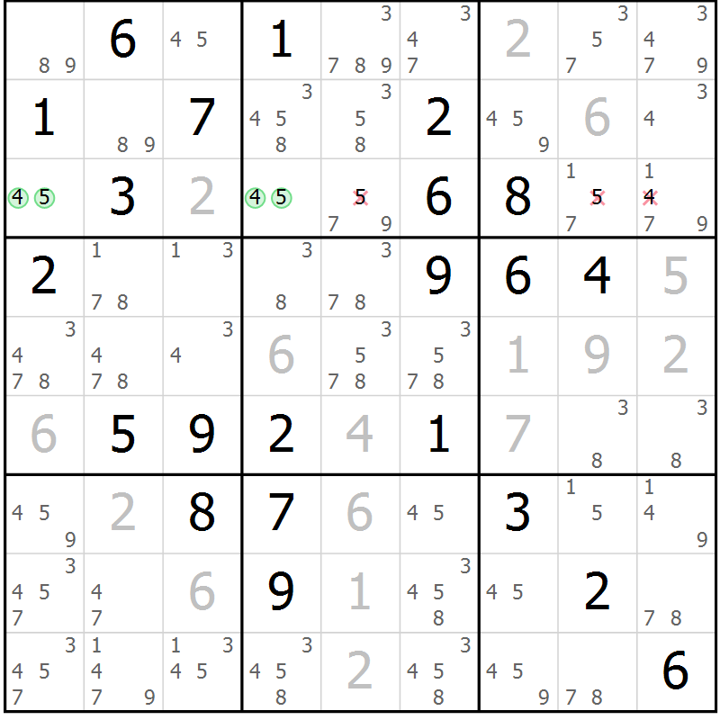Position des candidats pour la solution de la Gr 81 page 84 du magazine de sudoku Maestro n° 100