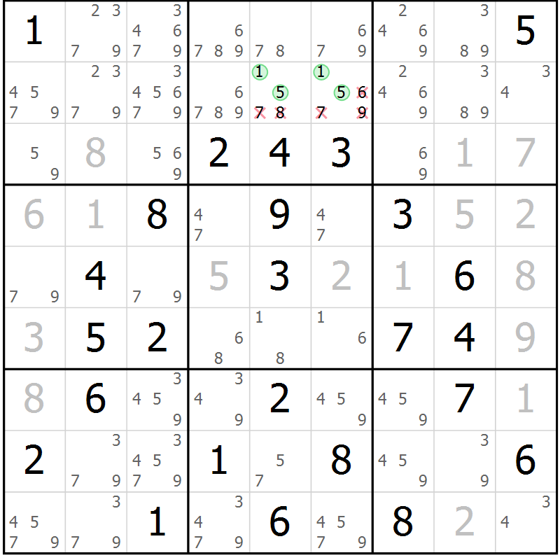 Position des candidats pour la solution de la Gr 82 page 85 du magazine de sudoku Maestro n° 100