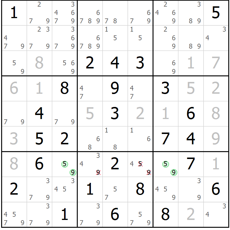 Position des candidats pour la solution de la Gr 82 page 85 du magazine de sudoku Maestro n° 100