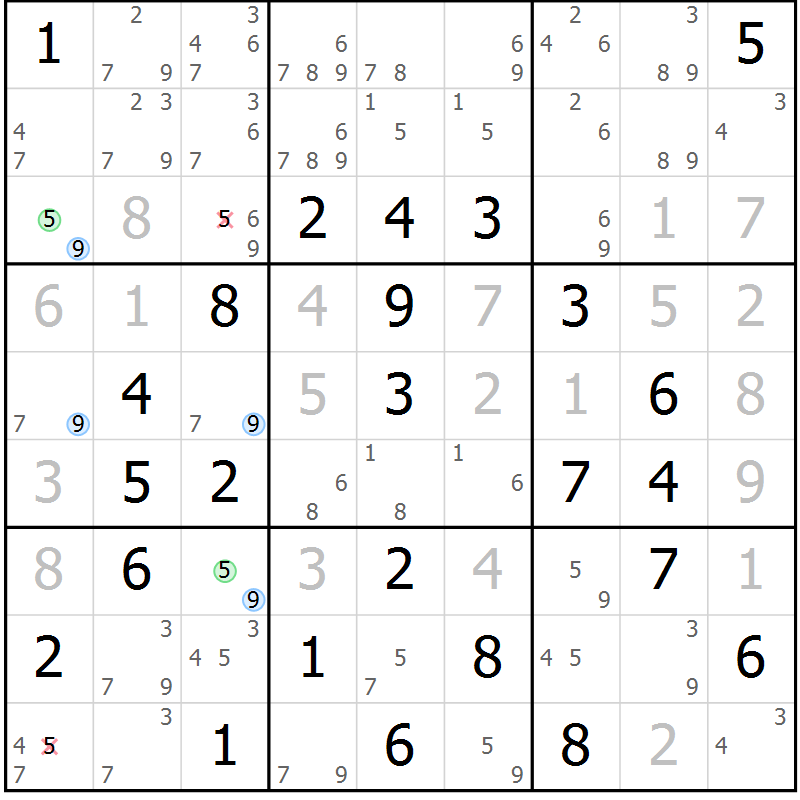Position des candidats pour la solution de la Gr 82 page 85 du magazine de sudoku Maestro n° 100