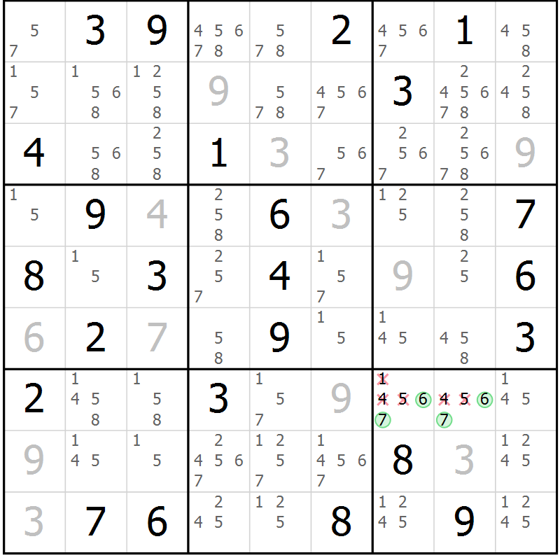 Position des candidats pour la solution de la Gr 84 page 87 du magazine de sudoku Maestro n° 100