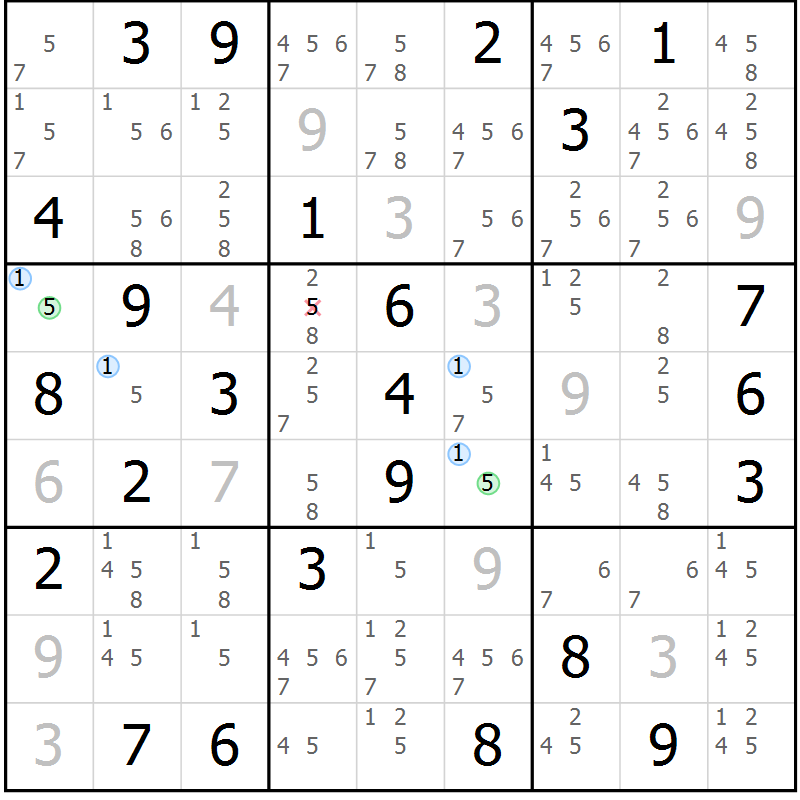 Position des candidats pour la solution de la Gr 84 page 87 du magazine de sudoku Maestro n° 100