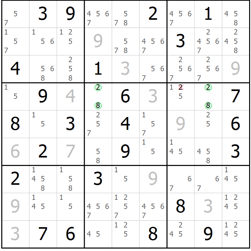 Position des candidats pour la solution de la Gr 84 page 87 du magazine de sudoku Maestro n° 100