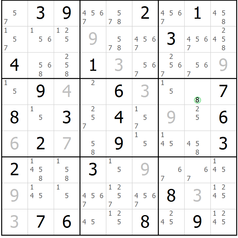 Position des candidats pour la solution de la Gr 84 page 87 du magazine de sudoku Maestro n° 100