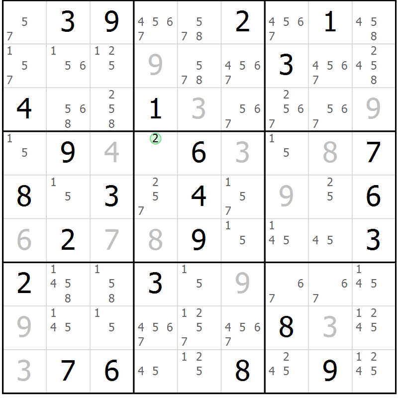 Position des candidats pour la solution de la Gr 84 page 87 du magazine de sudoku Maestro n° 100