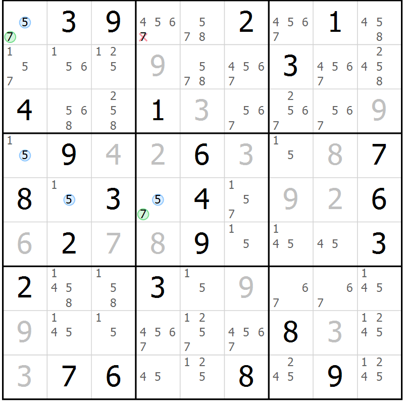 Position des candidats pour la solution de la Gr 84 page 87 du magazine de sudoku Maestro n° 100