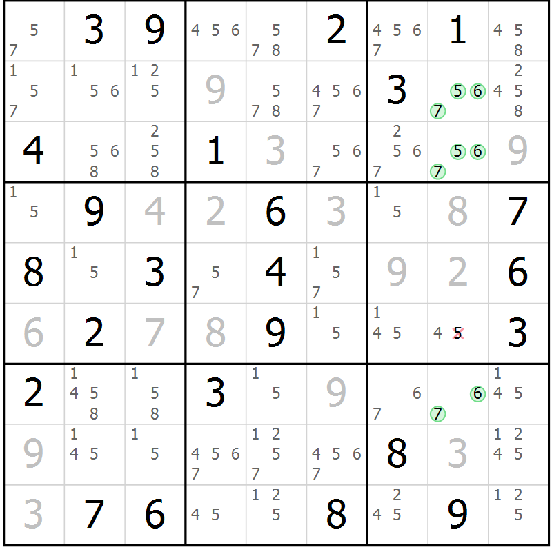Position des candidats pour la solution de la Gr 84 page 87 du magazine de sudoku Maestro n° 100