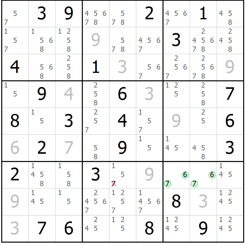 Position des candidats pour la solution de la Gr 84 page 87 du magazine de sudoku Maestro n° 100