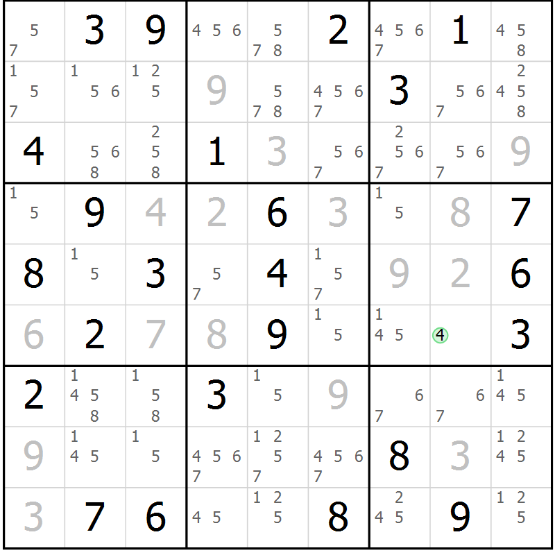 Position des candidats pour la solution de la Gr 84 page 87 du magazine de sudoku Maestro n° 100