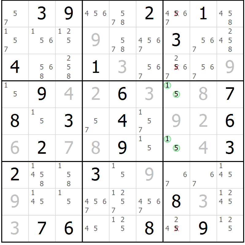 Position des candidats pour la solution de la Gr 84 page 87 du magazine de sudoku Maestro n° 100
