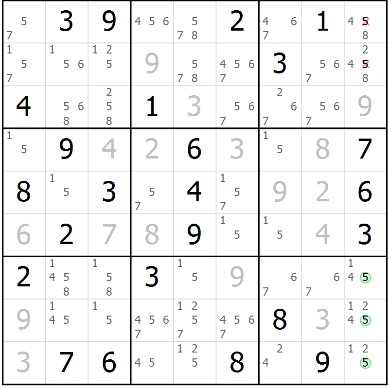 Position des candidats pour la solution de la Gr 84 page 87 du magazine de sudoku Maestro n° 100