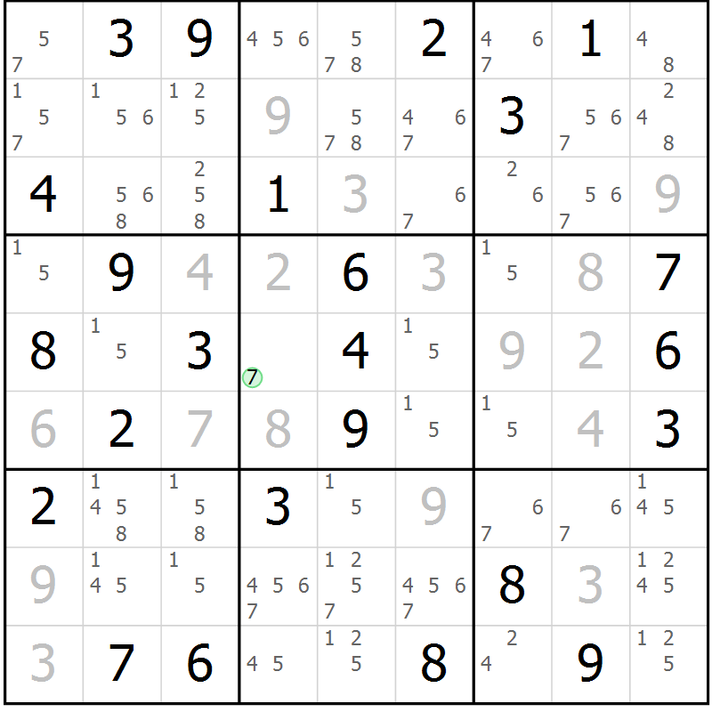 Position des candidats pour la solution de la Gr 84 page 87 du magazine de sudoku Maestro n° 100