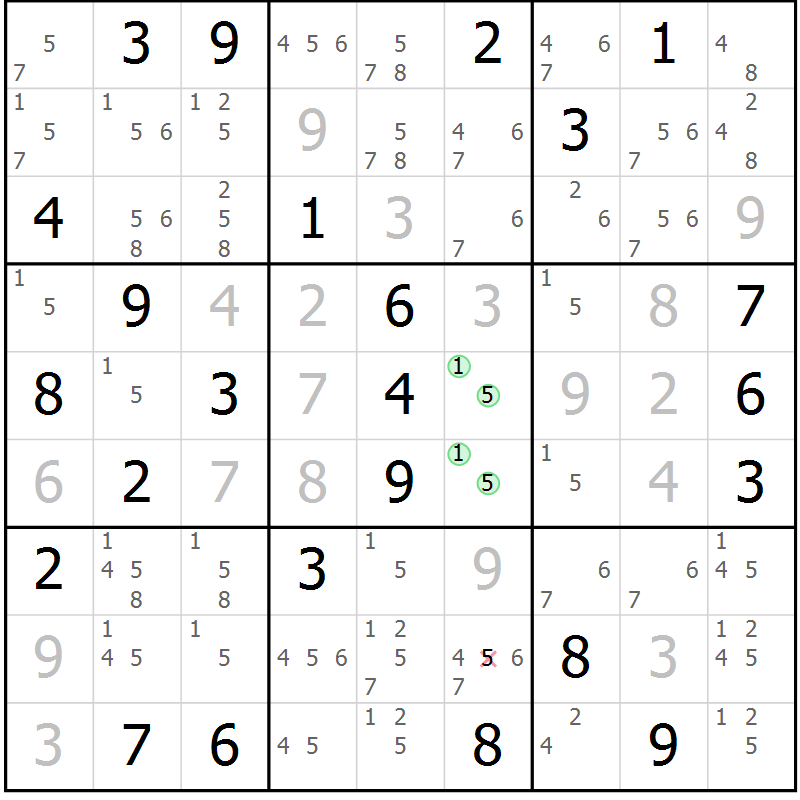Position des candidats pour la solution de la Gr 84 page 87 du magazine de sudoku Maestro n° 100