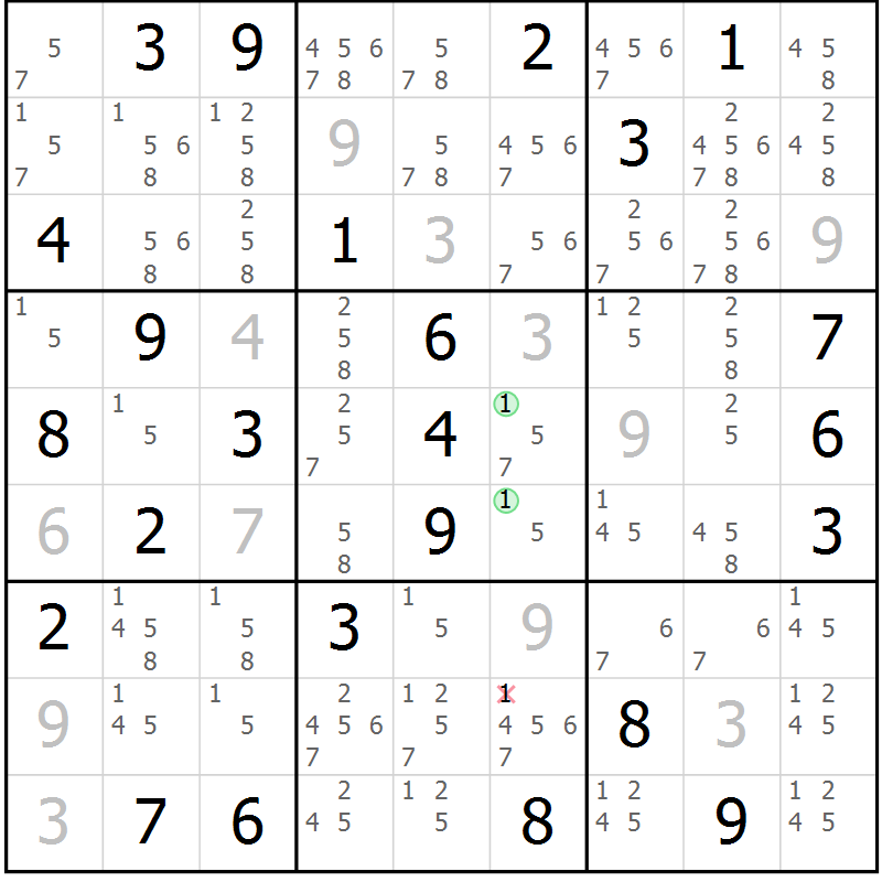 Position des candidats pour la solution de la Gr 84 page 87 du magazine de sudoku Maestro n° 100