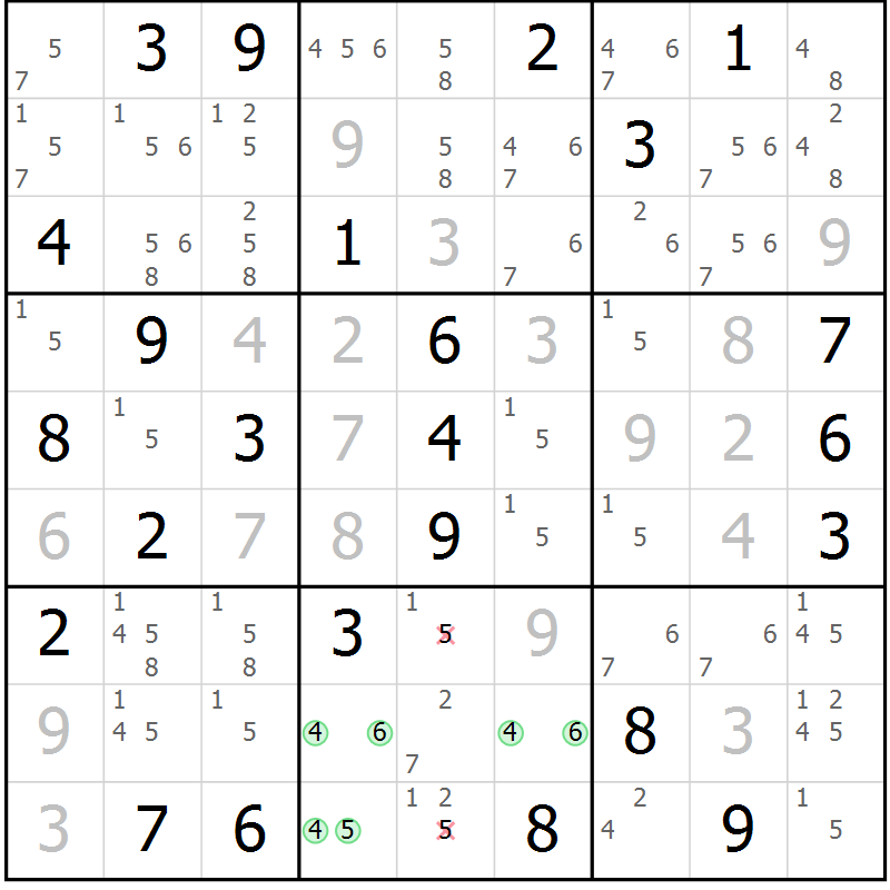 Position des candidats pour la solution de la Gr 84 page 87 du magazine de sudoku Maestro n° 100