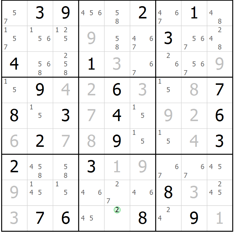 Position des candidats pour la solution de la Gr 84 page 87 du magazine de sudoku Maestro n° 100