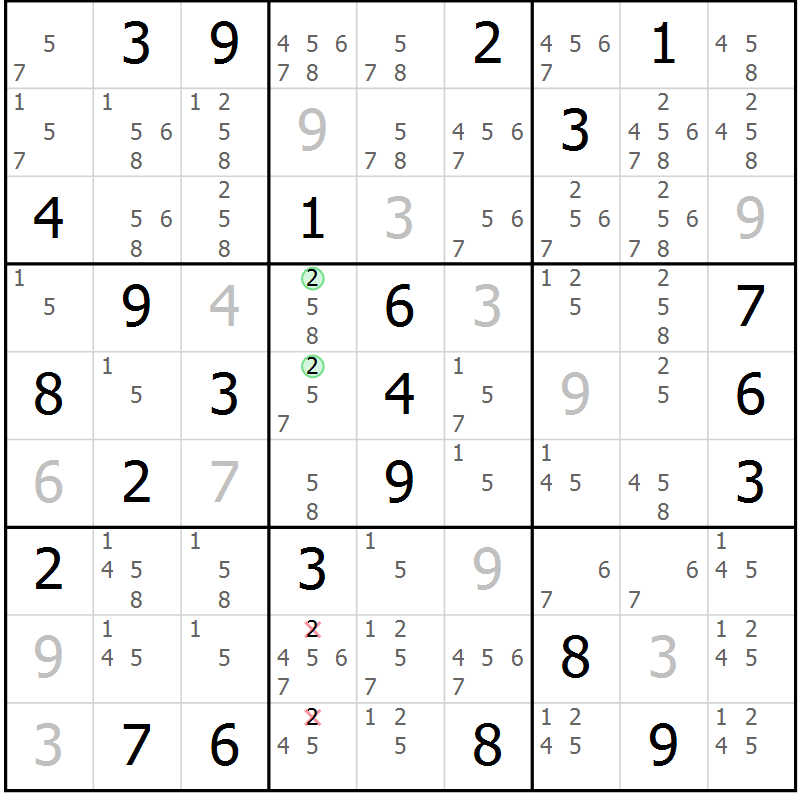 Position des candidats pour la solution de la Gr 84 page 87 du magazine de sudoku Maestro n° 100