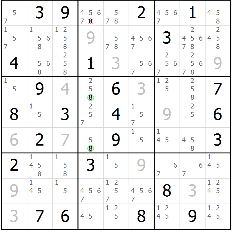 Position des candidats pour la solution de la Gr 84 page 87 du magazine de sudoku Maestro n° 100