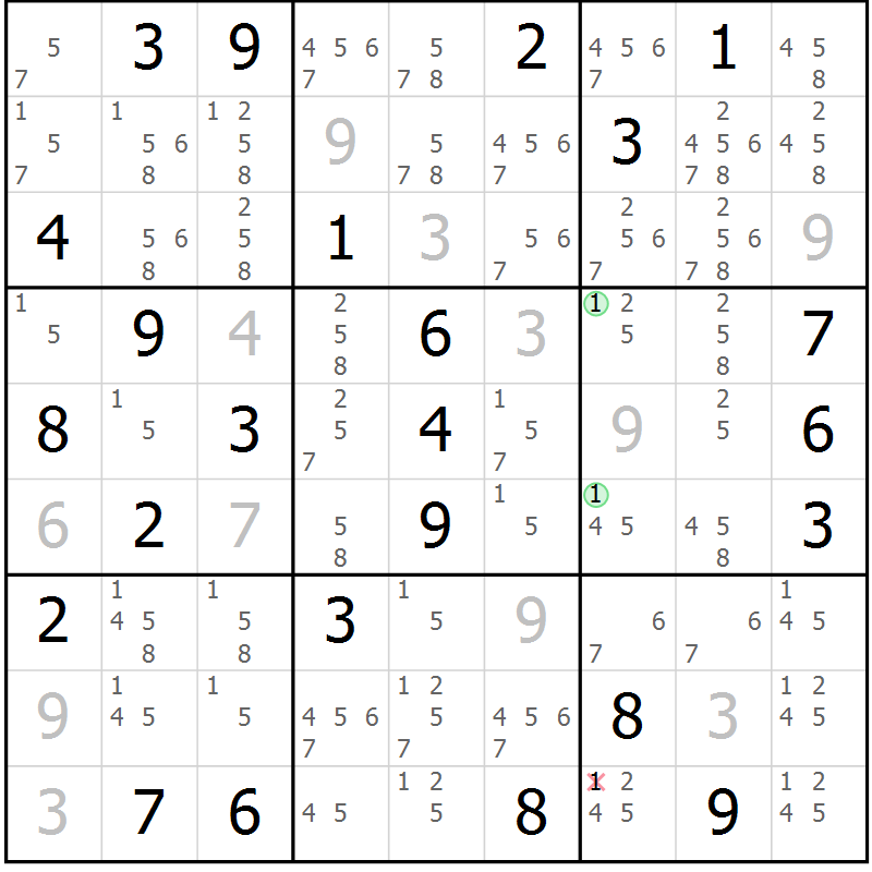 Position des candidats pour la solution de la Gr 84 page 87 du magazine de sudoku Maestro n° 100