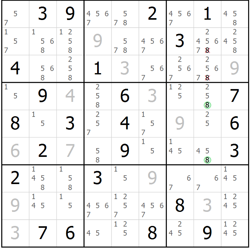 Position des candidats pour la solution de la Gr 84 page 87 du magazine de sudoku Maestro n° 100