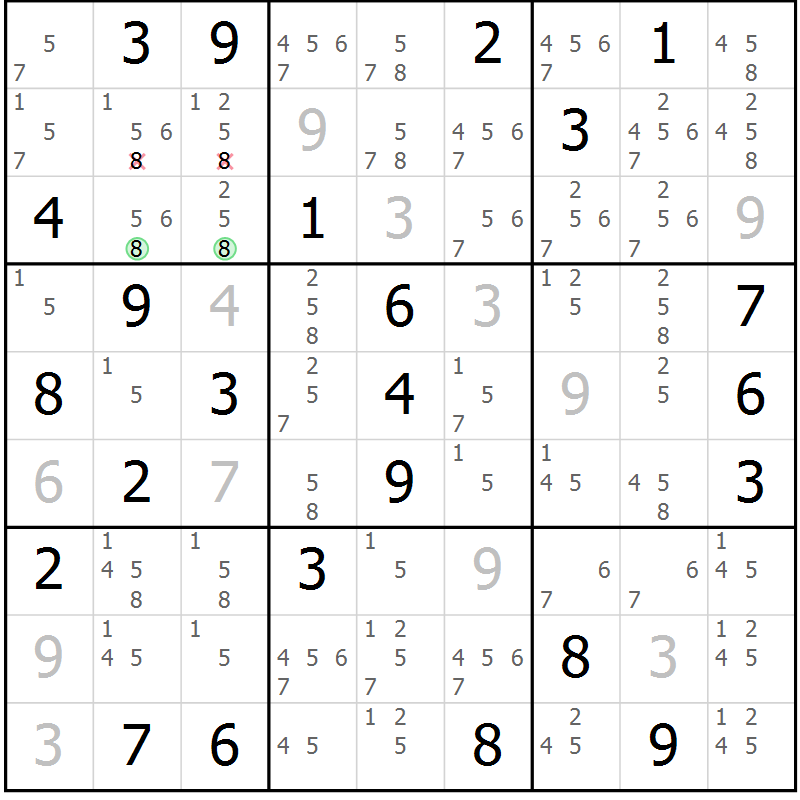 Position des candidats pour la solution de la Gr 84 page 87 du magazine de sudoku Maestro n° 100