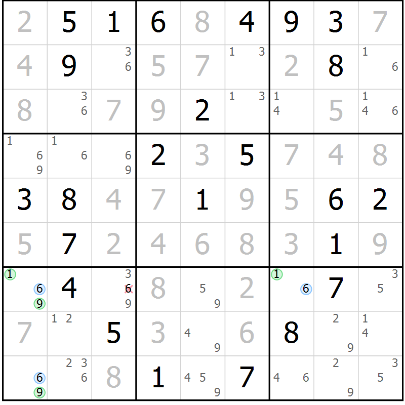 Position des candidats pour la solution de la Gr 1 page 4 du magazine de sudoku Maestro n° 101