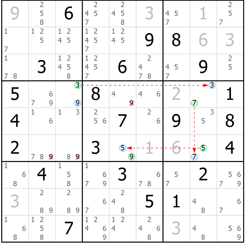 Position des candidats pour la solution de la Gr 10 page 13 du magazine de sudoku Maestro n° 101