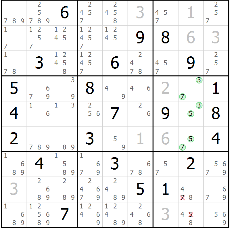 Position des candidats pour la solution de la Gr 10 page 13 du magazine de sudoku Maestro n° 101