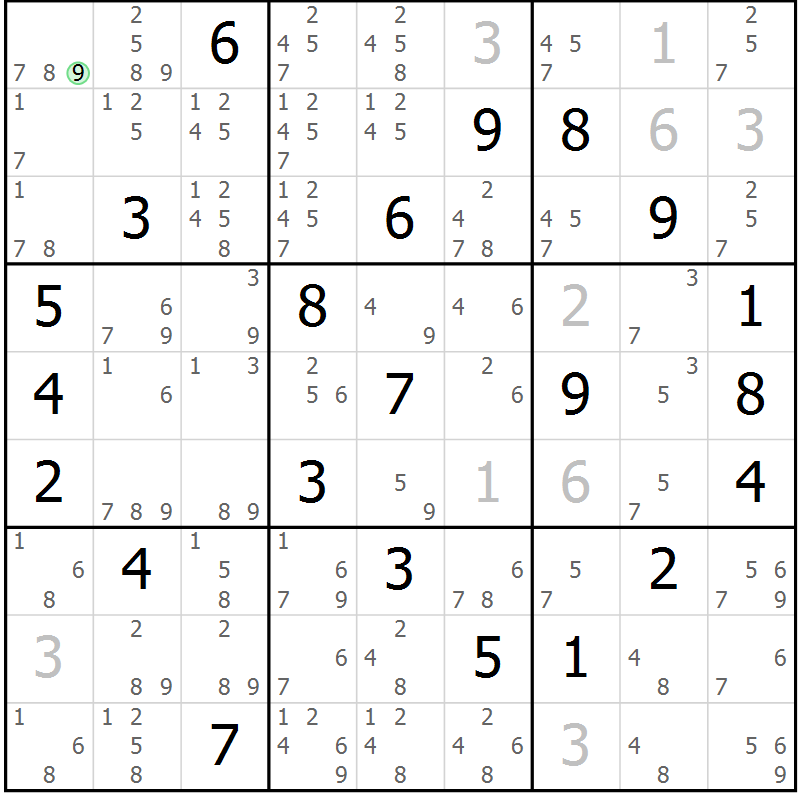 Position des candidats pour la solution de la Gr 10 page 13 du magazine de sudoku Maestro n° 101