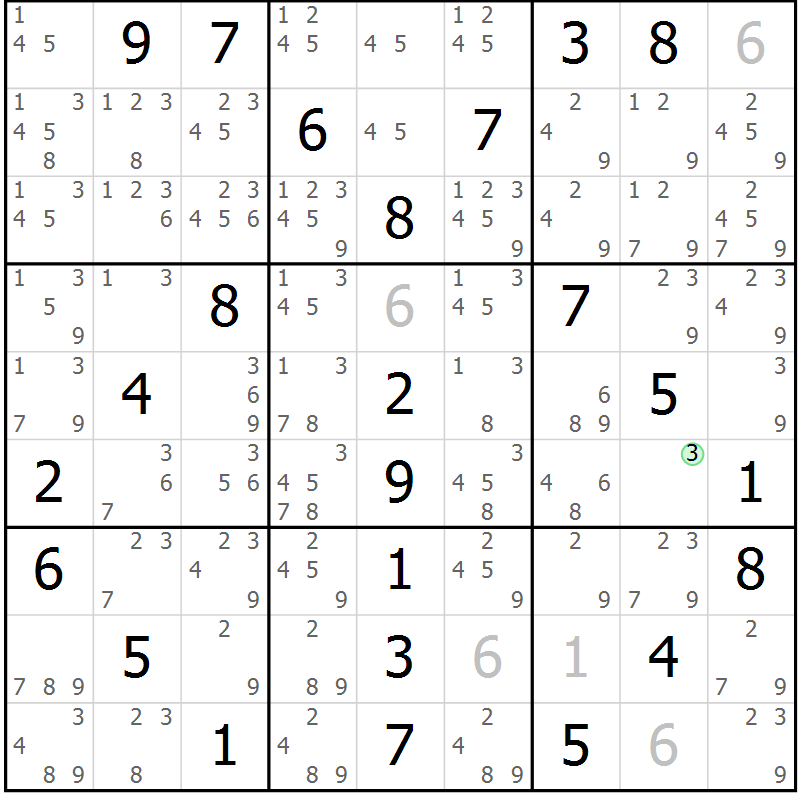 Position des candidats pour la solution de la Gr 18 page 21 du magazine de sudoku Maestro n° 101