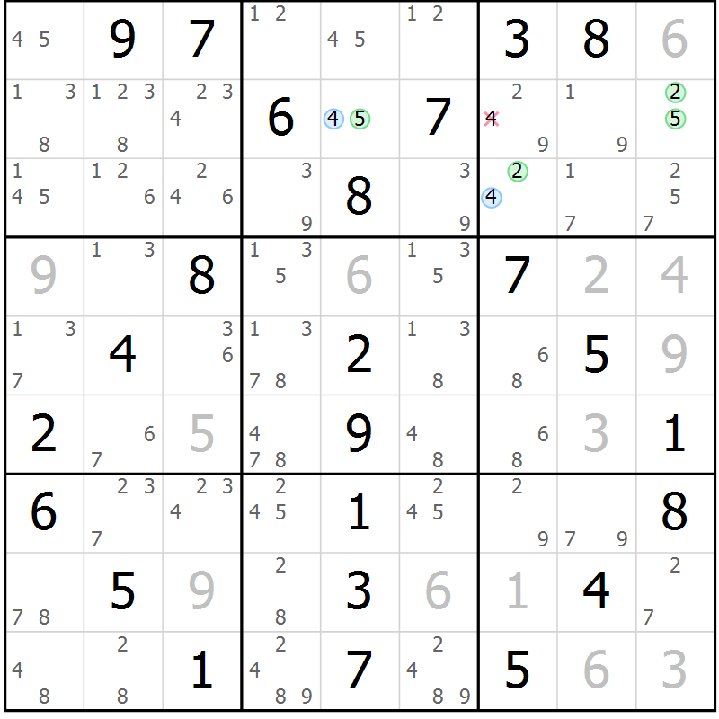 Position des candidats pour la solution de la Gr 18 page 21 du magazine de sudoku Maestro n° 101
