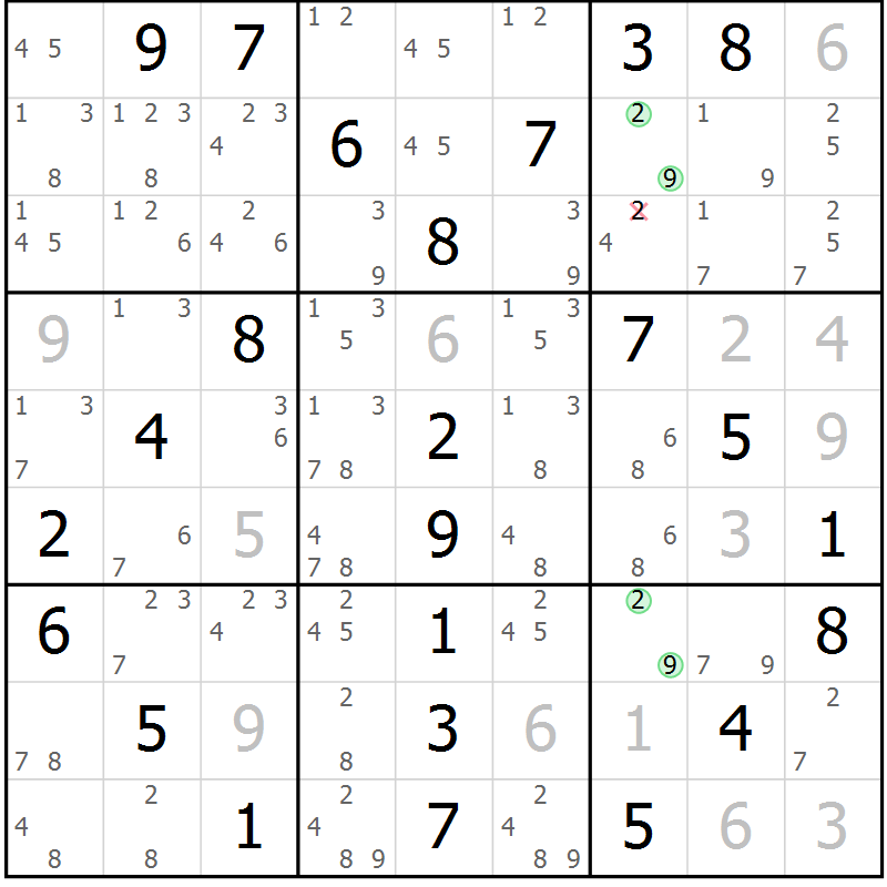 Position des candidats pour la solution de la Gr 18 page 21 du magazine de sudoku Maestro n° 101
