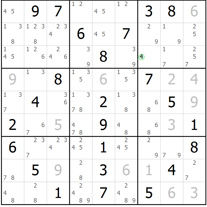 Position des candidats pour la solution de la Gr 18 page 21 du magazine de sudoku Maestro n° 101
