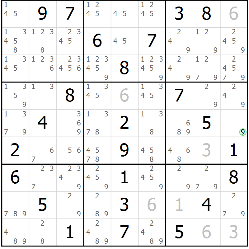 Position des candidats pour la solution de la Gr 18 page 21 du magazine de sudoku Maestro n° 101