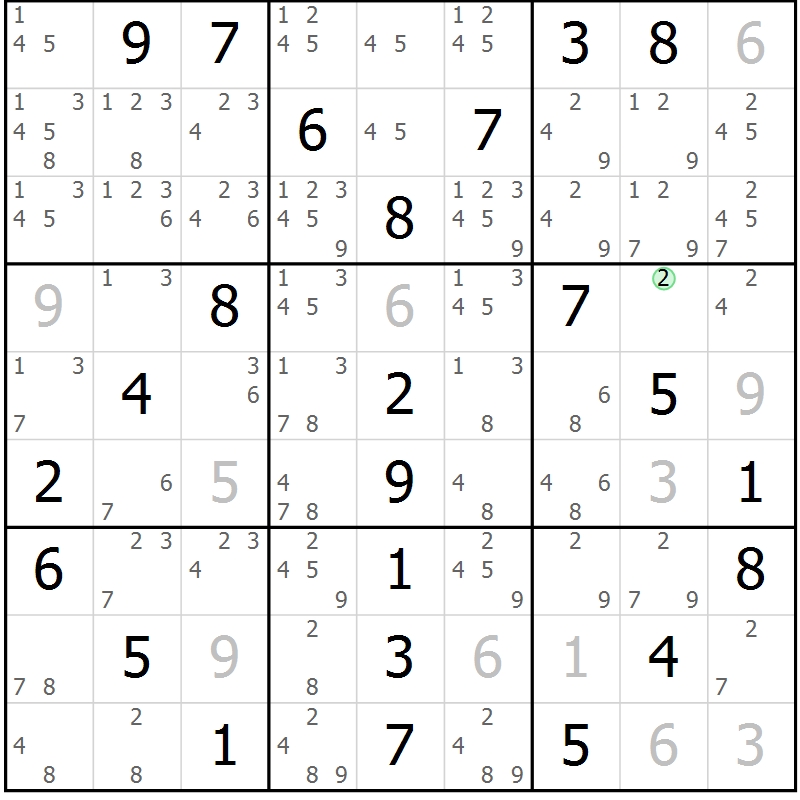 Position des candidats pour la solution de la Gr 18 page 21 du magazine de sudoku Maestro n° 101