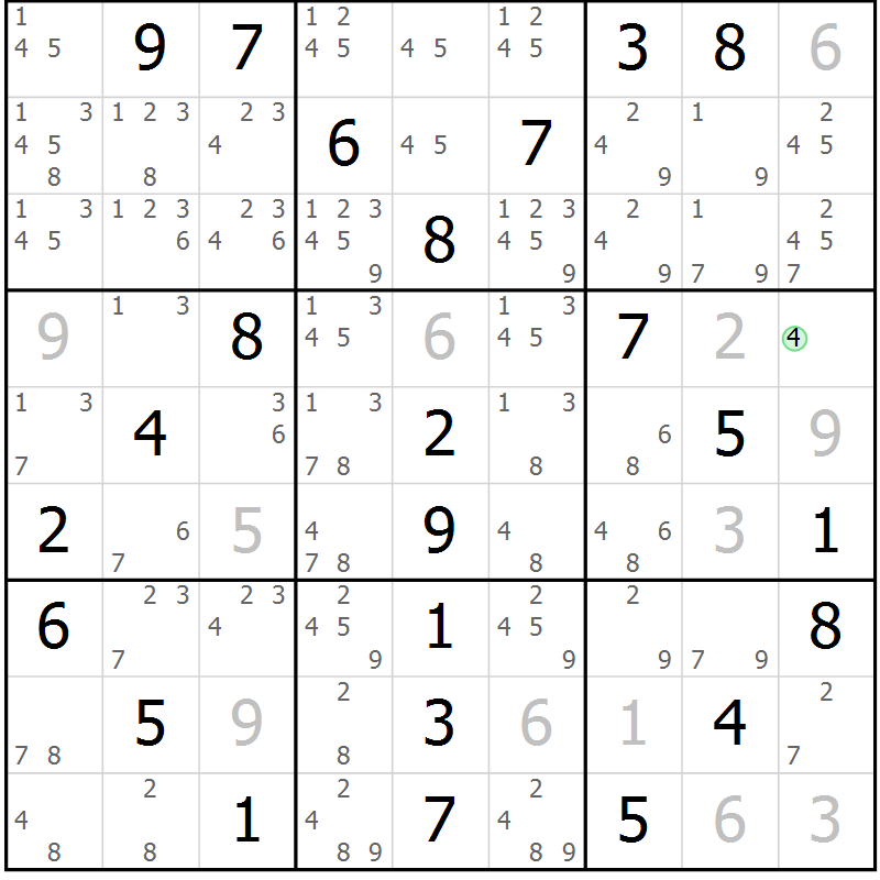 Position des candidats pour la solution de la Gr 18 page 21 du magazine de sudoku Maestro n° 101