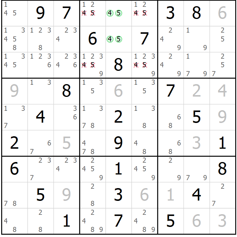 Position des candidats pour la solution de la Gr 18 page 21 du magazine de sudoku Maestro n° 101