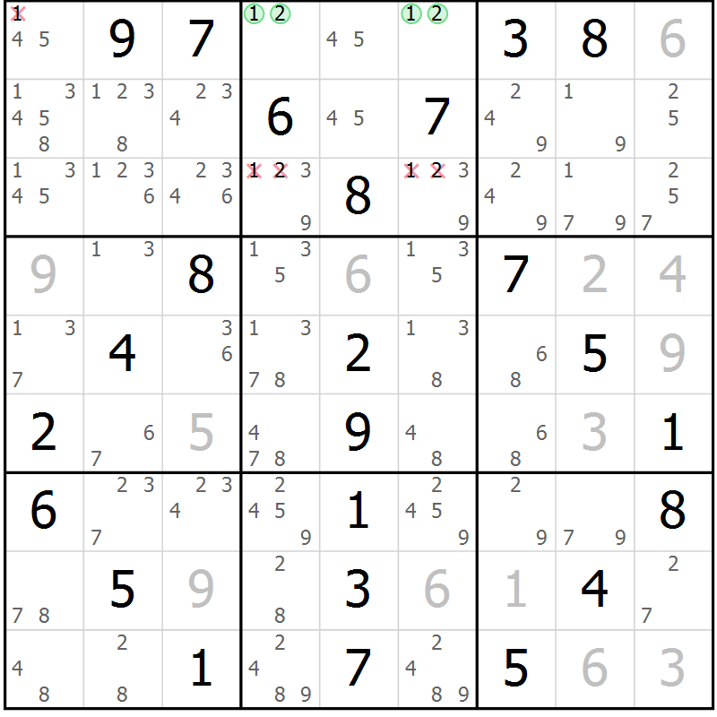 Position des candidats pour la solution de la Gr 18 page 21 du magazine de sudoku Maestro n° 101