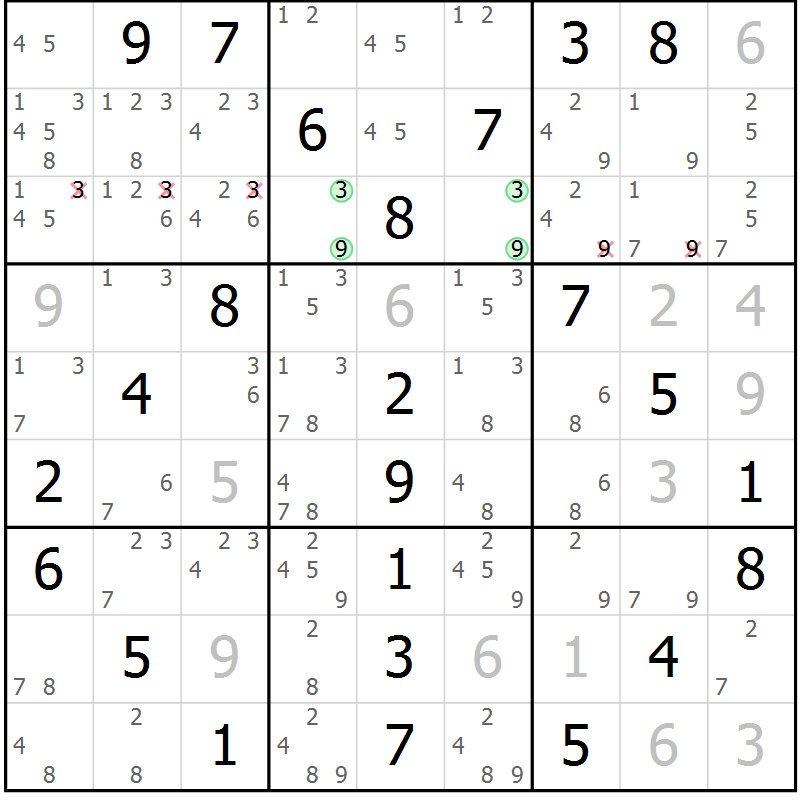 Position des candidats pour la solution de la Gr 18 page 21 du magazine de sudoku Maestro n° 101
