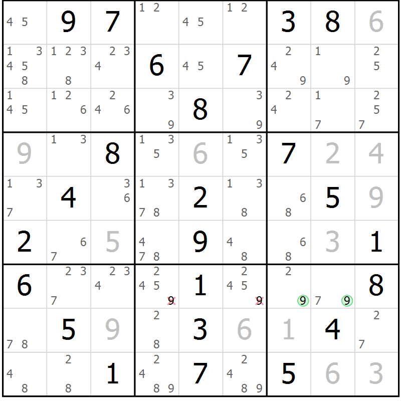 Position des candidats pour la solution de la Gr 18 page 21 du magazine de sudoku Maestro n° 101