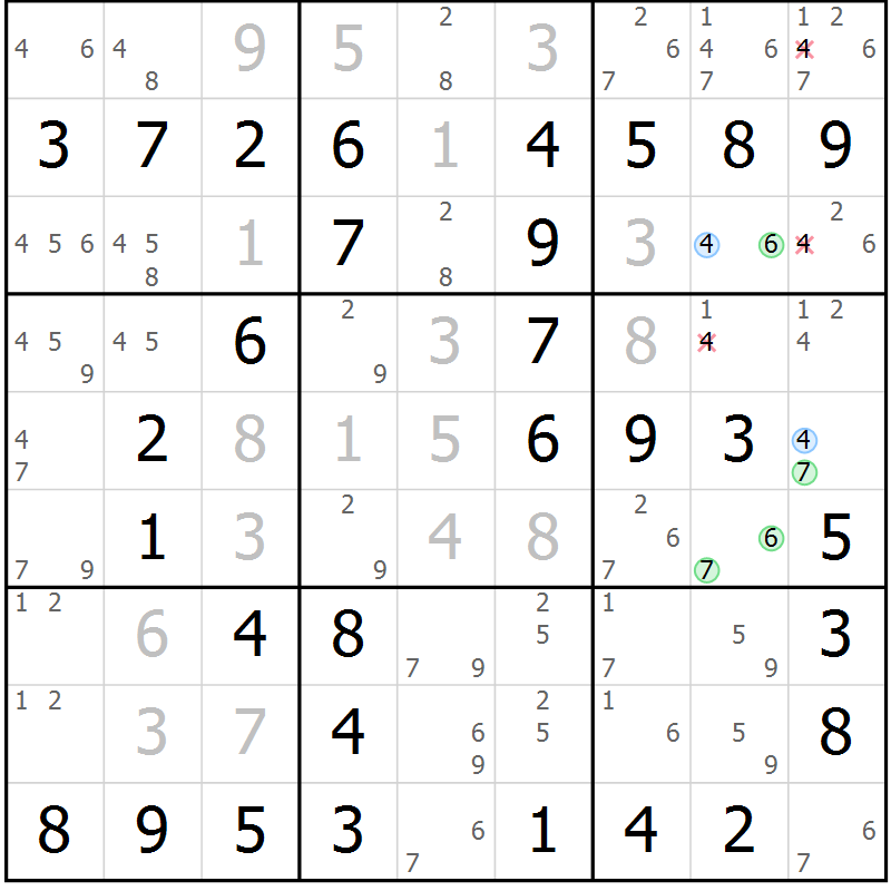Position des candidats pour la solution de la Gr 19 page 22 du magazine de sudoku Maestro n° 101