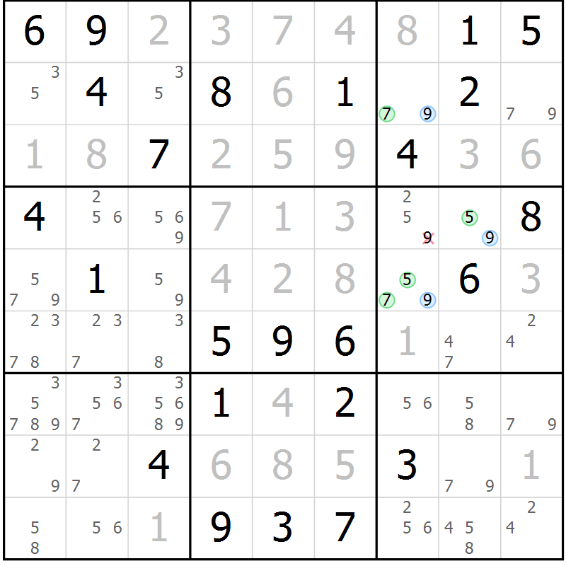 Position des candidats pour la solution de la Gr 22 page 25 du magazine de sudoku Maestro n° 101