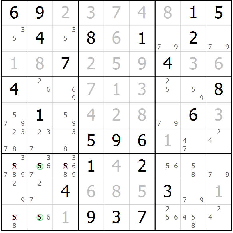 Position des candidats pour la solution de la Gr 22 page 25 du magazine de sudoku Maestro n° 101