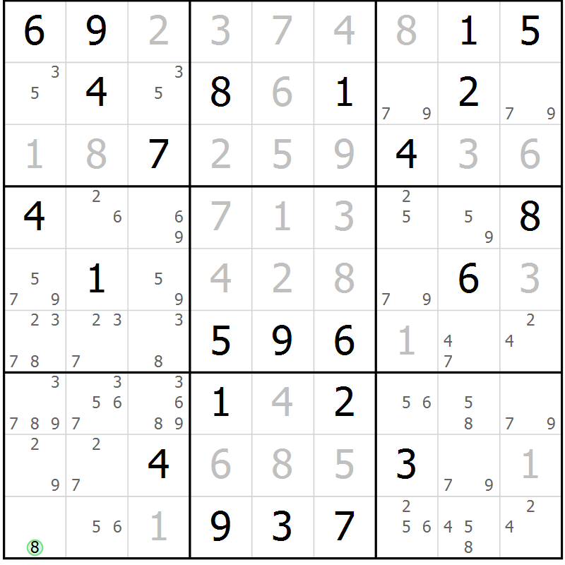 Position des candidats pour la solution de la Gr 22 page 25 du magazine de sudoku Maestro n° 101