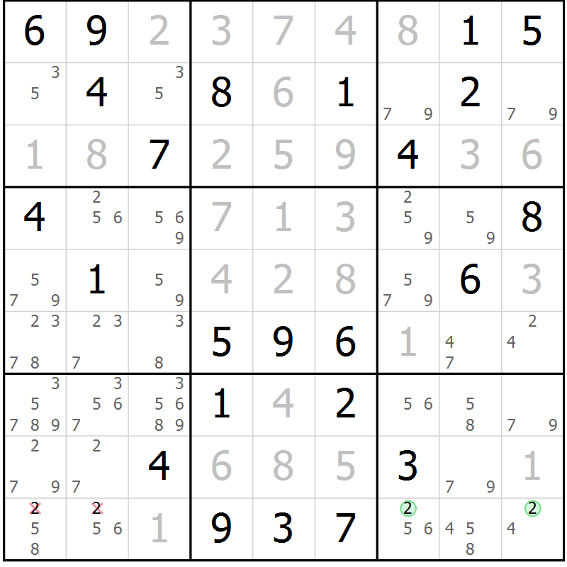 Position des candidats pour la solution de la Gr 22 page 25 du magazine de sudoku Maestro n° 101