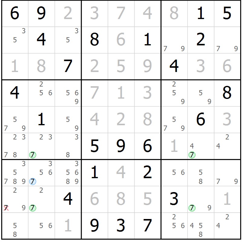 Position des candidats pour la solution de la Gr 22 page 25 du magazine de sudoku Maestro n° 101