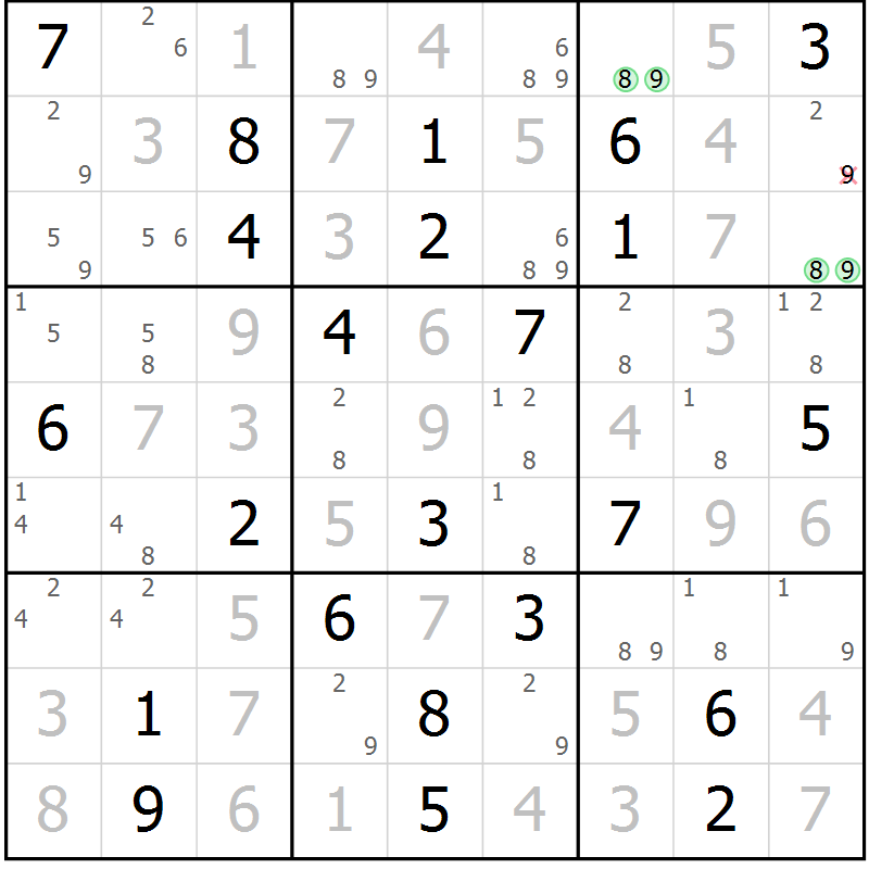 Position des candidats pour la solution de la Gr 25 page 28 du magazine de sudoku Maestro n° 101