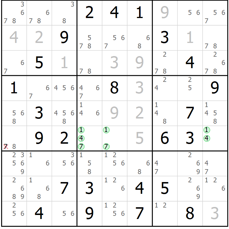 Position des candidats pour la solution de la Gr 27 page 30 du magazine de sudoku Maestro n° 101