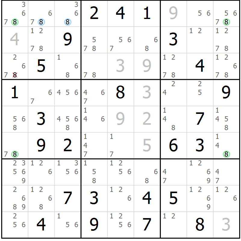 Position des candidats pour la solution de la Gr 27 page 30 du magazine de sudoku Maestro n° 101